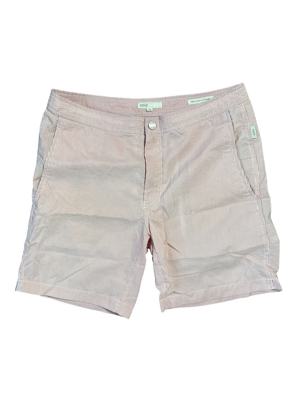 Onia Men's The Calder 7.5 Swim Trunks Pink & White Seersucker Stripe Size 33